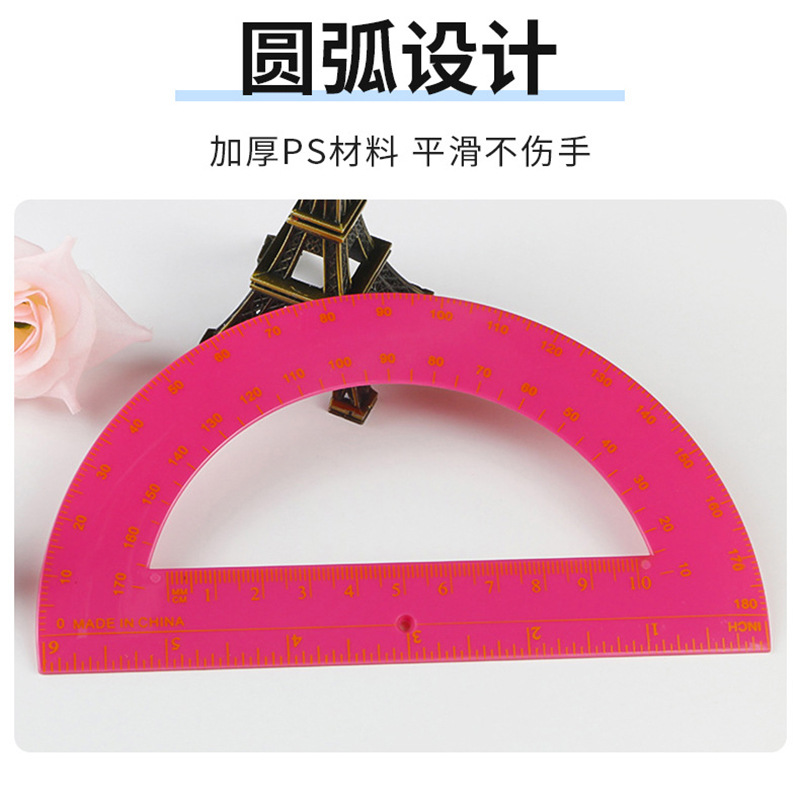 Manufacturer Supplies Popular 180-Degree Semicircular Plastic Transparent Colorful Angle Measuring Ruler Drawing Stationery 15cm Protractor