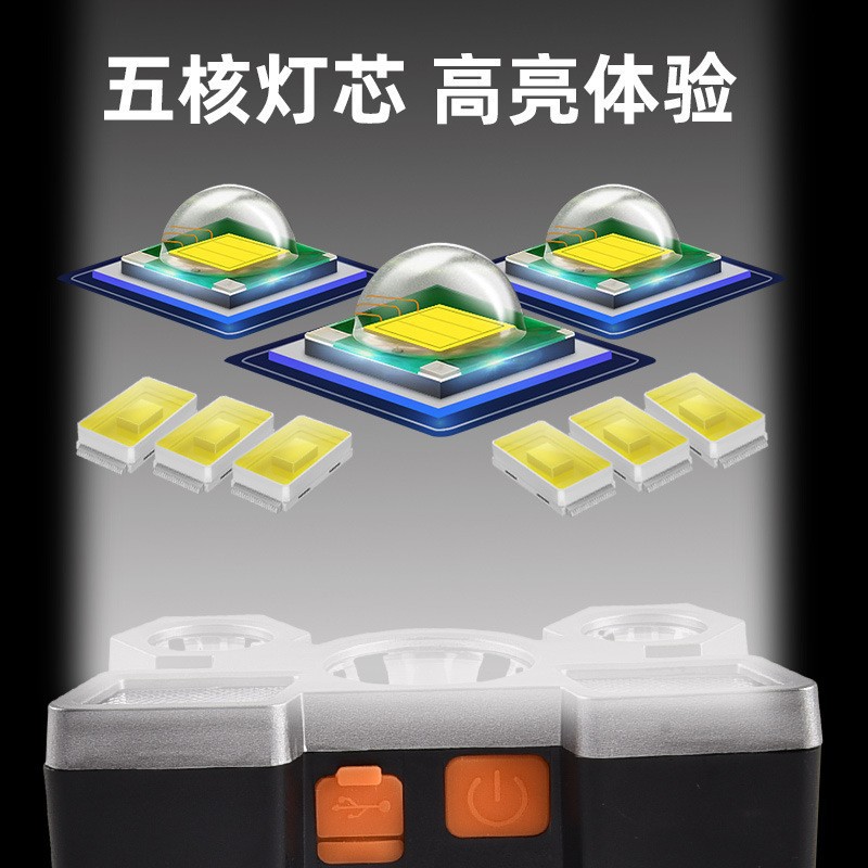 Cross-Border Led Strong Light Headlight USB Charging Five-Head Aircraft Light Outdoor Head-Mounted Miner's Lamp High Lumen Night Fishing Light