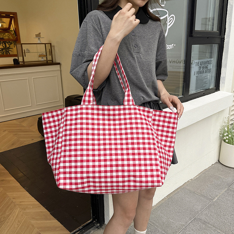 Japanese-Style Plaid Canvas Bag for Women, High-End Lazy Handbag, Shoulder Bag, Commuter Large-Capacity Tote Shopping Bag
