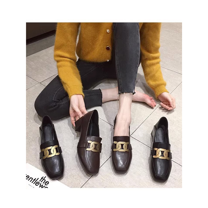 Thick High-Heeled Shoes for Women 2025 Spring New Korean Style Small Leather Shoes French Brown Square Toe Loafers Genuine Leather