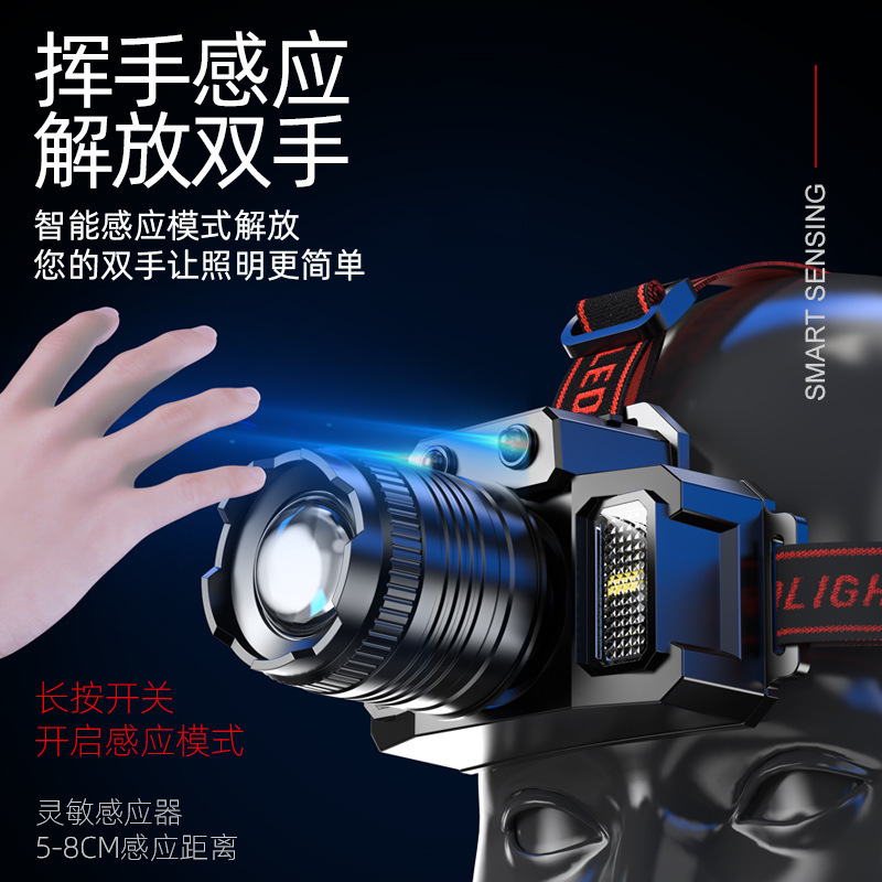 Strong light long-shot headlight cross-border new telescopic zoom induction headlight COB warning side light outdoor fishing light