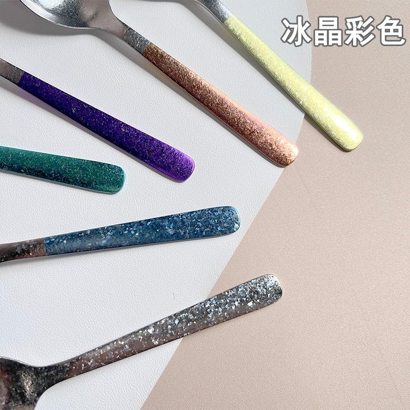 Ice Flower Colored Pure Titanium Spoon, Titanium Crystal Soup Spoon, Large Spoon, Commercial Long-Handled Spoon, Portable Outdoor Titanium Tableware, Anti-Oxidation