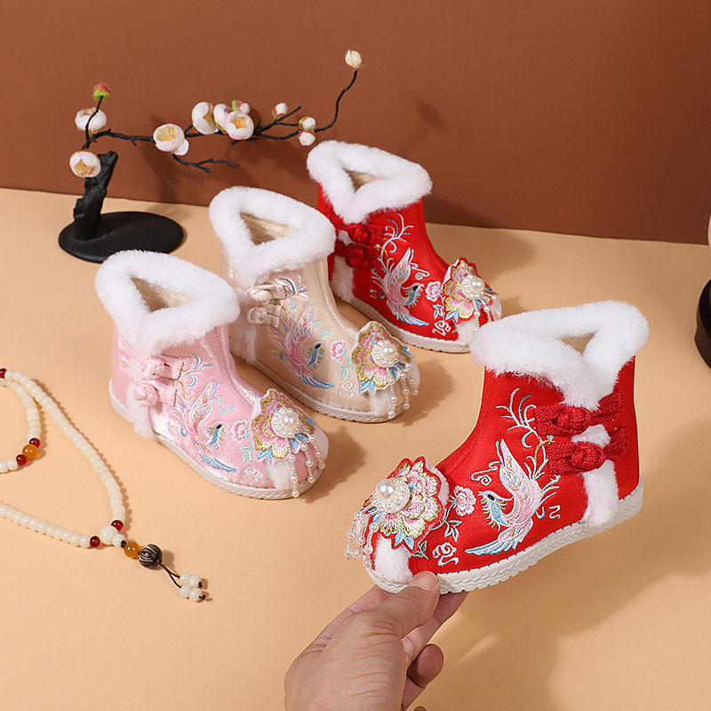 Детские вышитые туфли, утепленные флисом, хлопковые туфли, детские туфли ханфу, китайский стиль, зимние ботинки, этнические тканевые туфли
