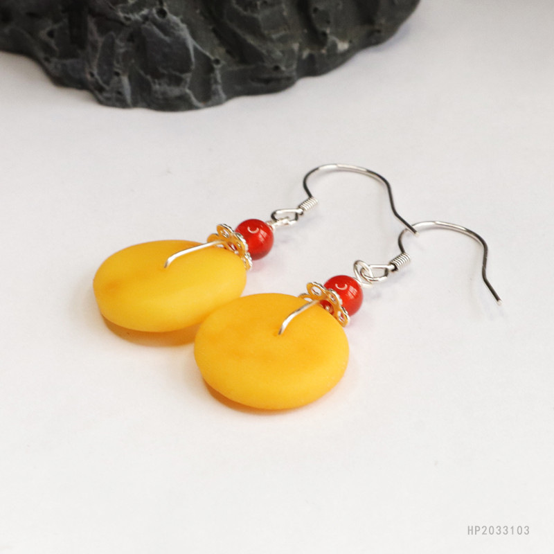 Guan Yu Natural Amber Beeswax Peace Pendant S925 Silver Ear Hook Earrings for Women Factory Live Streaming Dropshipping S2033103