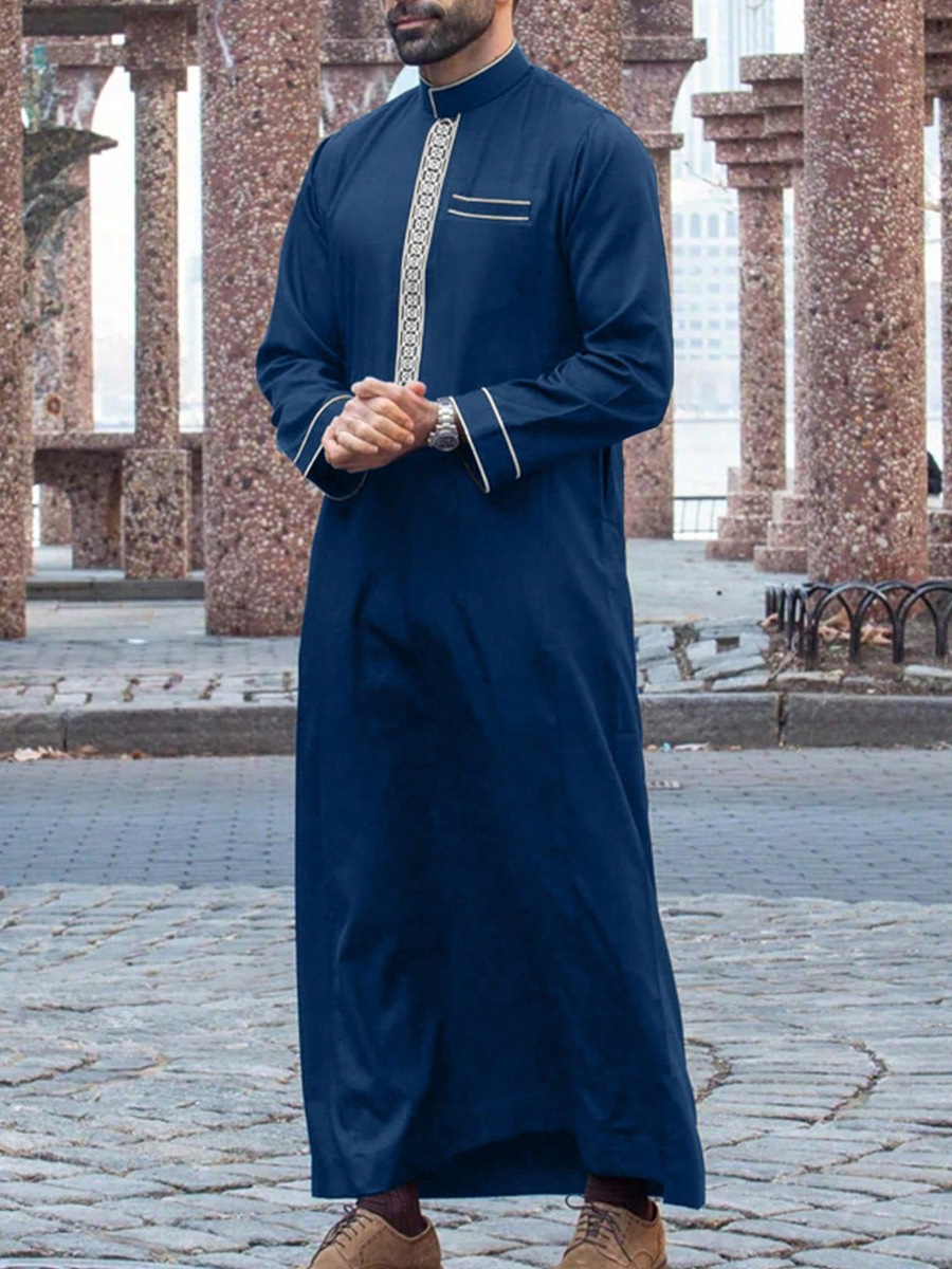 Cross-Border Middle Eastern Men's Robe Long-Sleeved Embroidered Stand-Up Collar Arabic Loose Men's Muslim Robe (Ready in Stock)