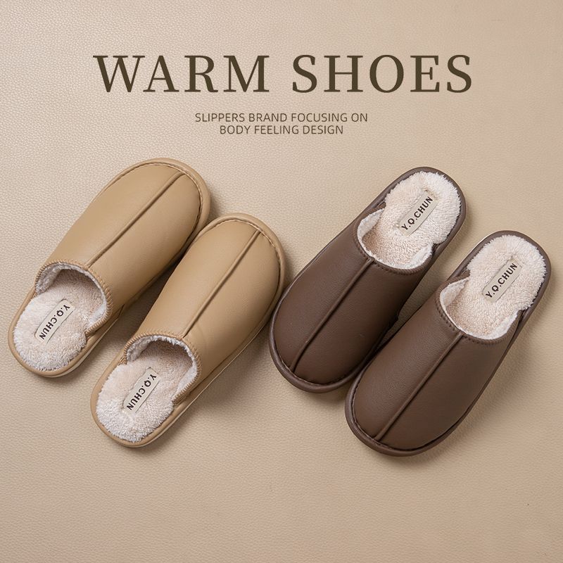 Pu Leather Waterproof Large Size Cotton Slippers for Men, Autumn and Winter Indoor Home Non-Slip Warm Silent Floor Cotton Slippers for Women