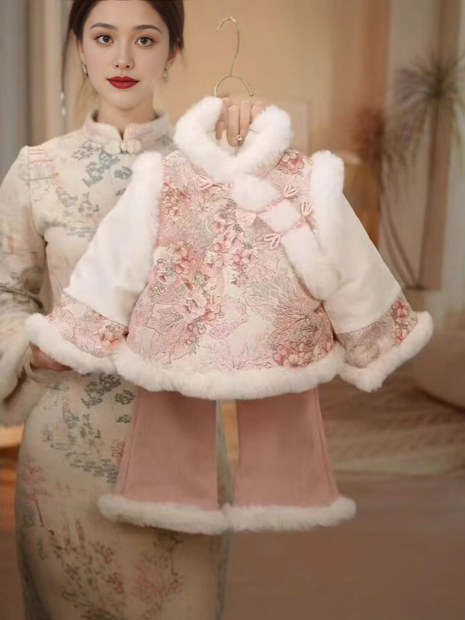 New Children's Traditional Costume Baby Chinese Style Fleece-Lined Set New Year Outfit Girls' Hanfu New Chinese Style Tang Suit Autumn and Winter