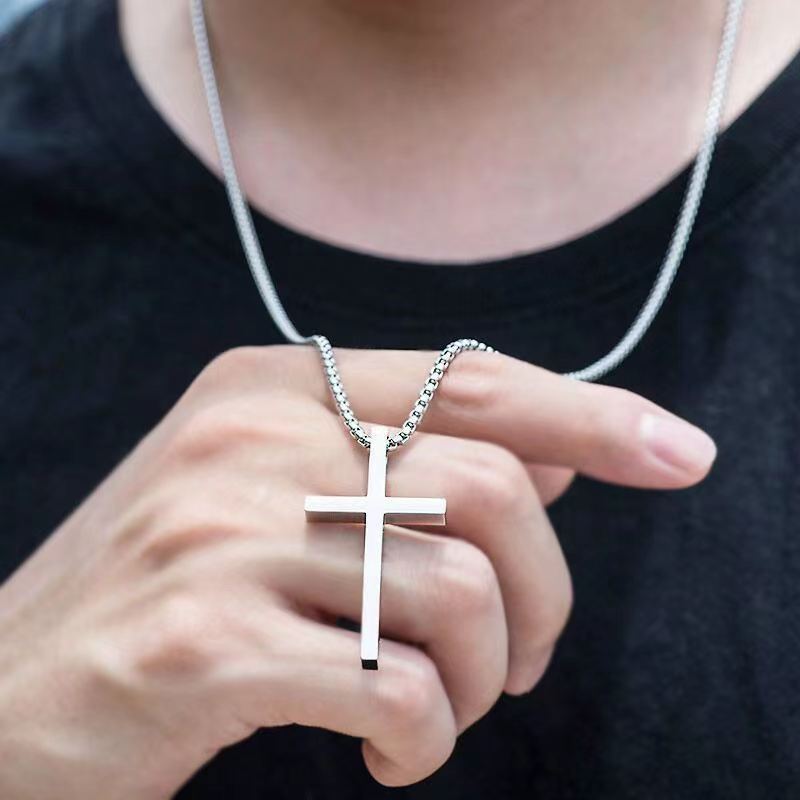 Cross-border European and American New Titanium Steel Cross Necklace Men's Trendy All-match Stainless Steel Cross Pendant Woolen Chain Accessories