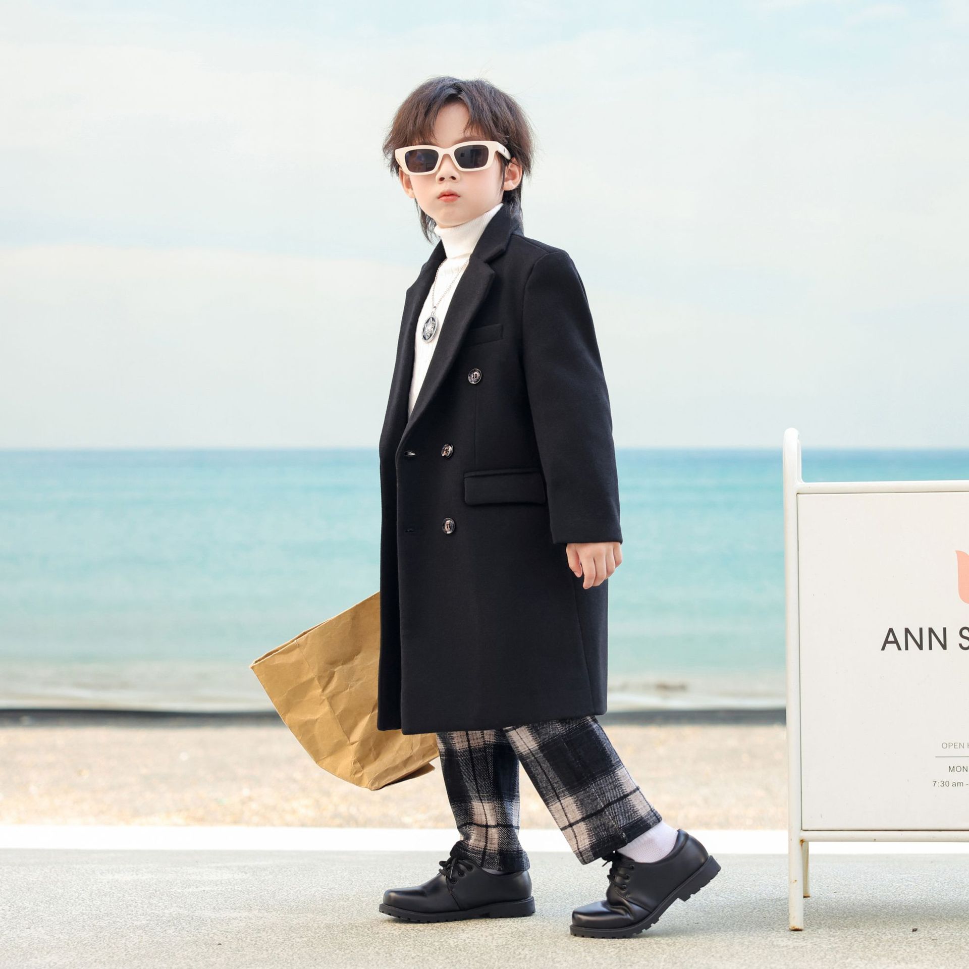 Cross-Border Autumn New Boys' Korean Style Trench Coat Children's Long Suit Trendy Jacket Children's Double-Breasted Wool Coat
