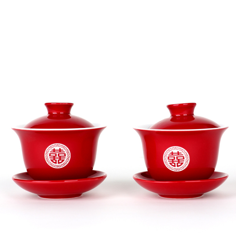 Wedding Change to Tacups Happy Words Chinese Tea Cup Wedding Wedding Accompanying Supplies Couple's Cup Red Tea Set