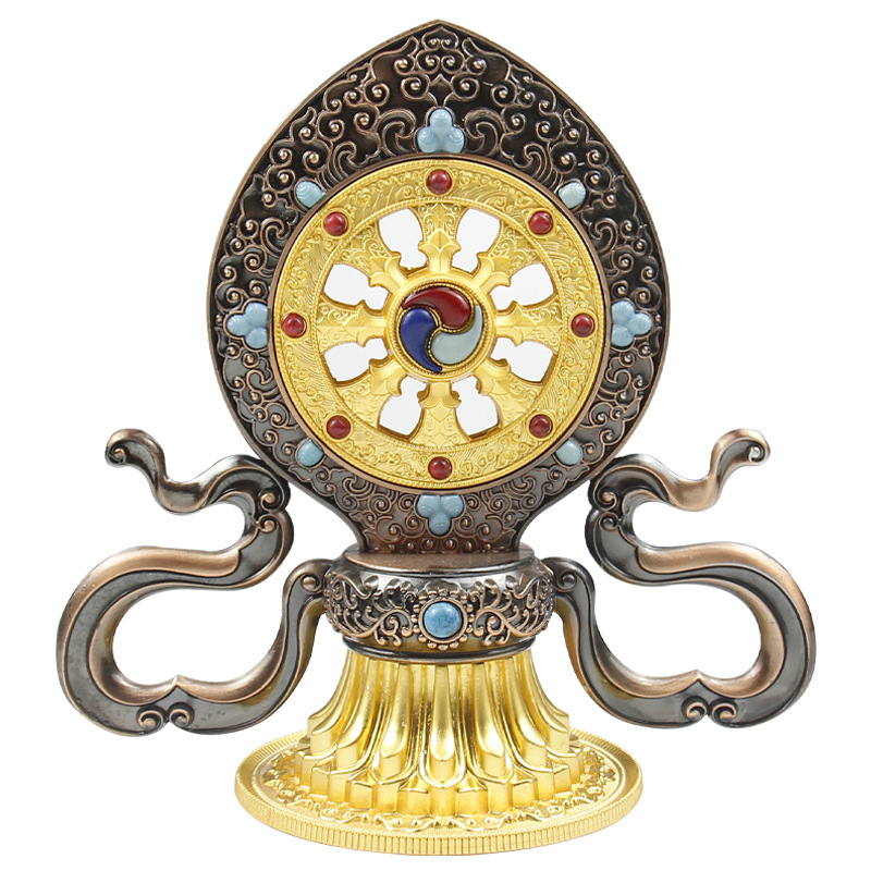 Alloy Auspicious Dharma Wheel Ornament Xizang-Style Home Decoration for Offering before Buddha, Esoteric Xizang Tradition
