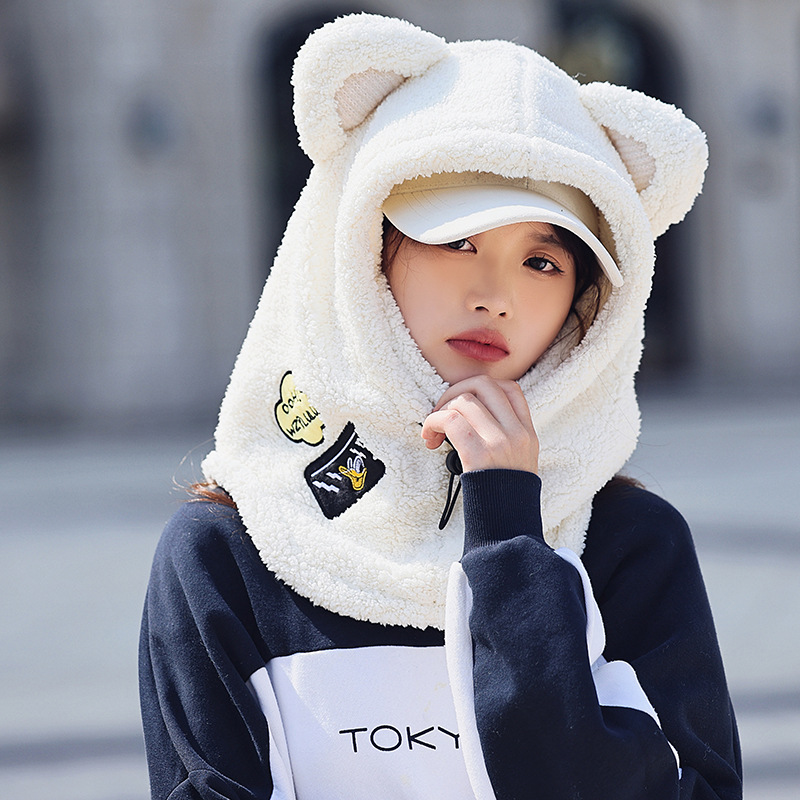 Winter Warm Series Cute Bear Hat Mask All-in-One Women's Ear Protector Cycling Warm Ski Helmet plush Hat