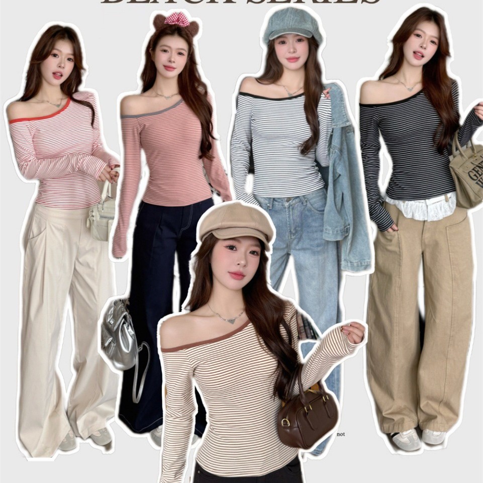 5180 # 280g Cashmere Heating Warm Striped Long Sleeve T-Shirt Women's Niche Off-Shoulder Contrast Color Stripe Top