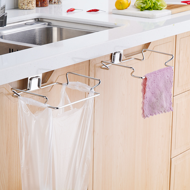 Cross-Border Stainless Steel Garbage Bag Holder Multi-Functional Hanging Rack Kitchen Storage Rack Hanging Garbage Rack Behind Cabinet Door