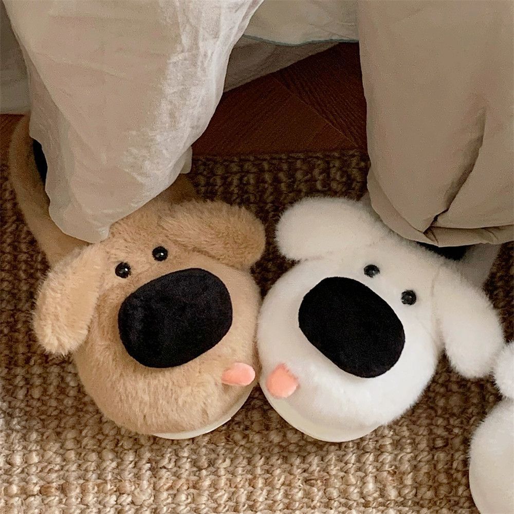 Internet Celebrity New Cute Puppy Slippers for Winter Outer Wear Non-Slip Home Fleece-Lined Indoor Warm Cotton Shoes with Fur