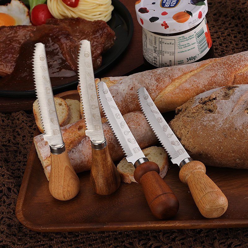 Factory Spot Wooden Handle Serrated Steak Knife Stainless Steel Creative Tableware Western Steak Knife Cake Toast Bread Knife