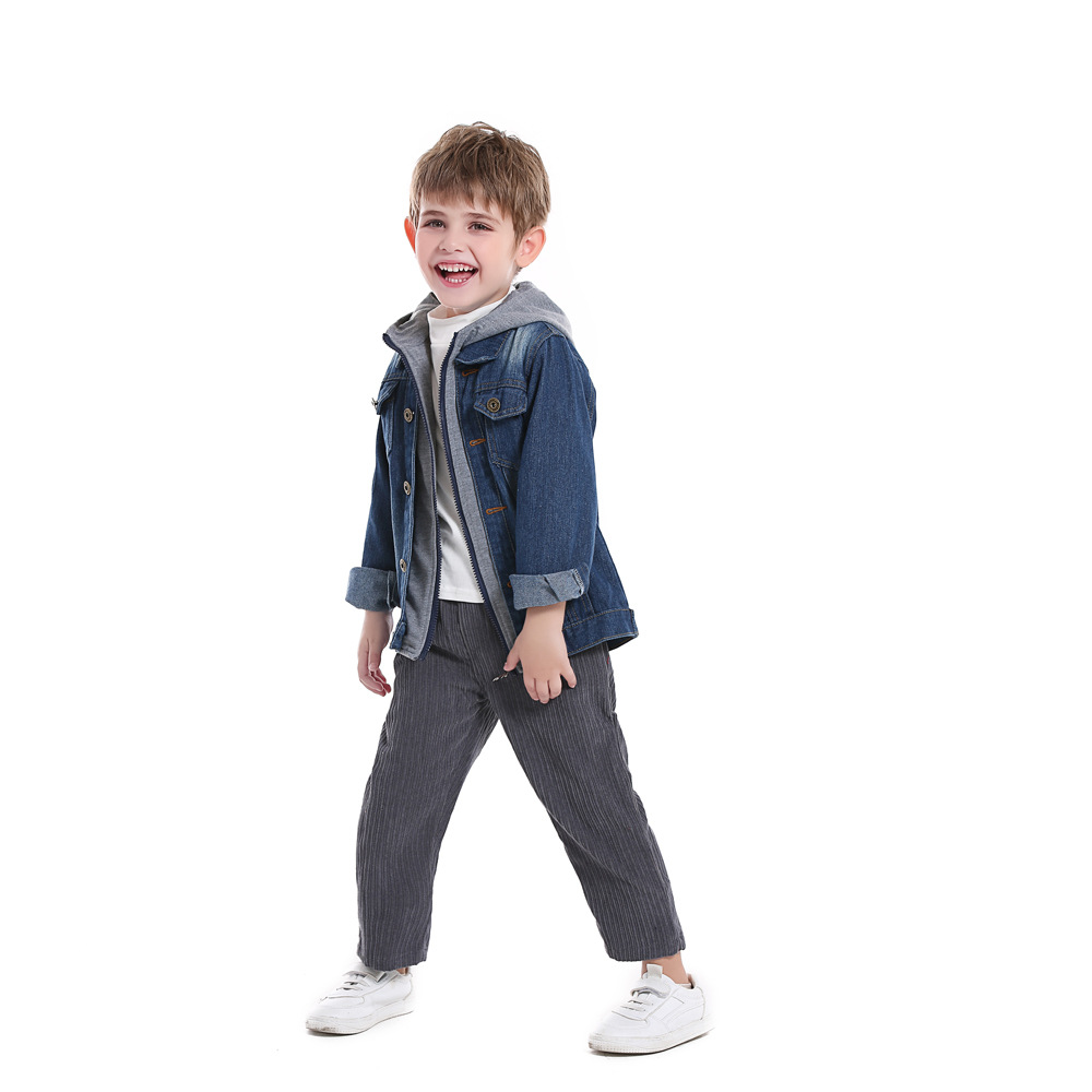 Children's Fake Two-Piece Denim Jacket for Boys and Girls in Autumn and Winter New Hooded Fashionable Casual Tops Export Wholesale