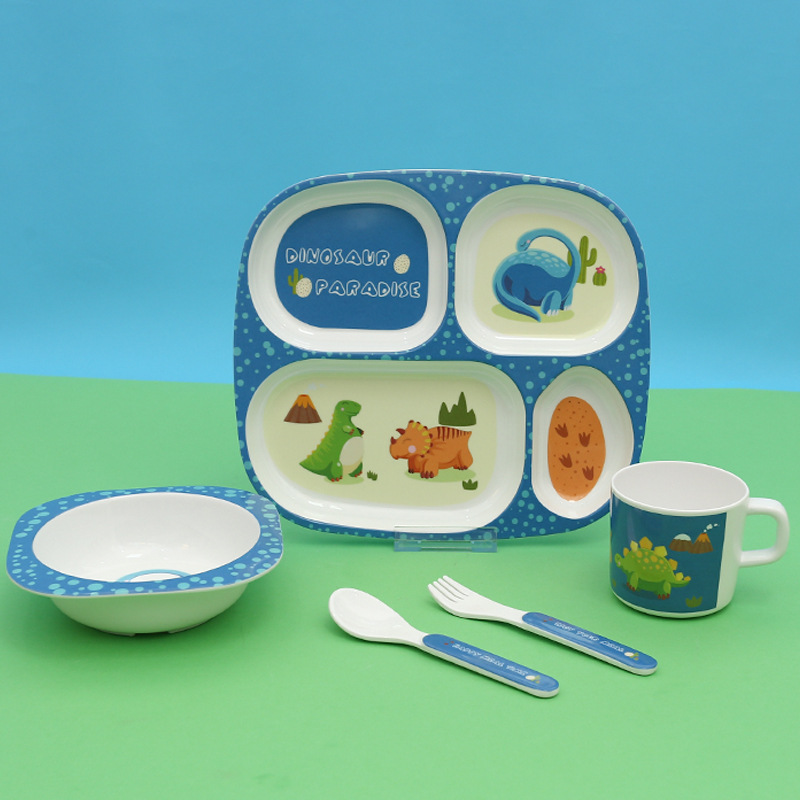 Melamine children's dinner plate compartment tableware suit cute baby dinosaur series dinner plate eating food supplement bowl drop-resistant bowl