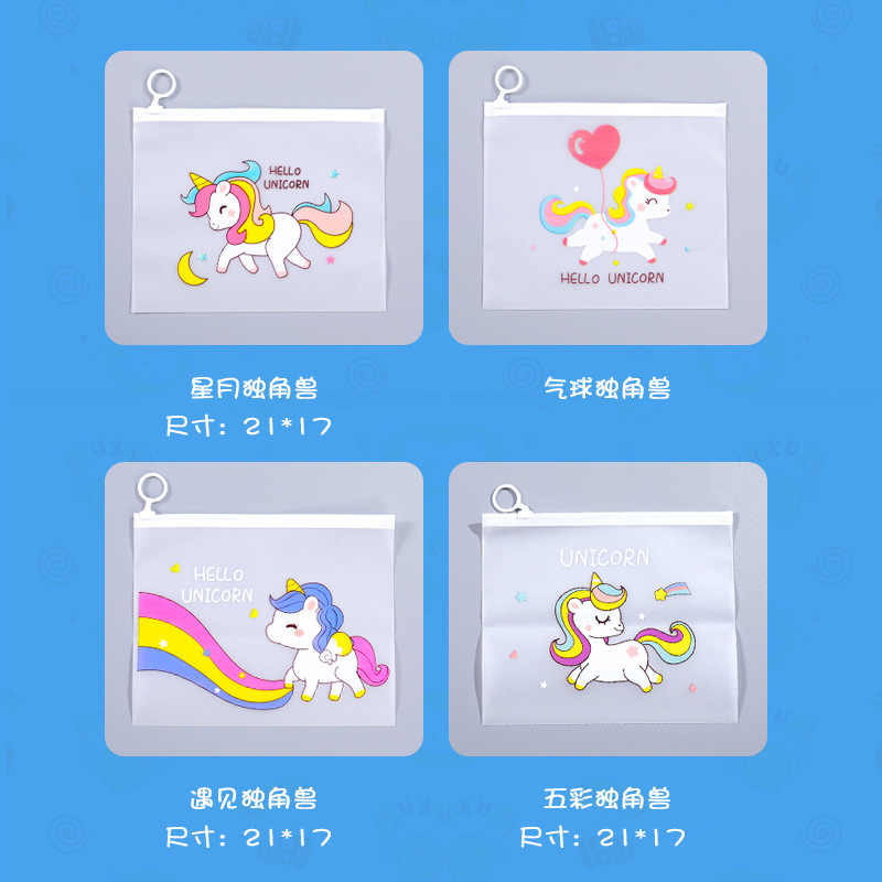 Cute Unicorn Cartoon File Storage Bag Simple Ring Zipper Bag Student Transparent Mask Storage File Bag