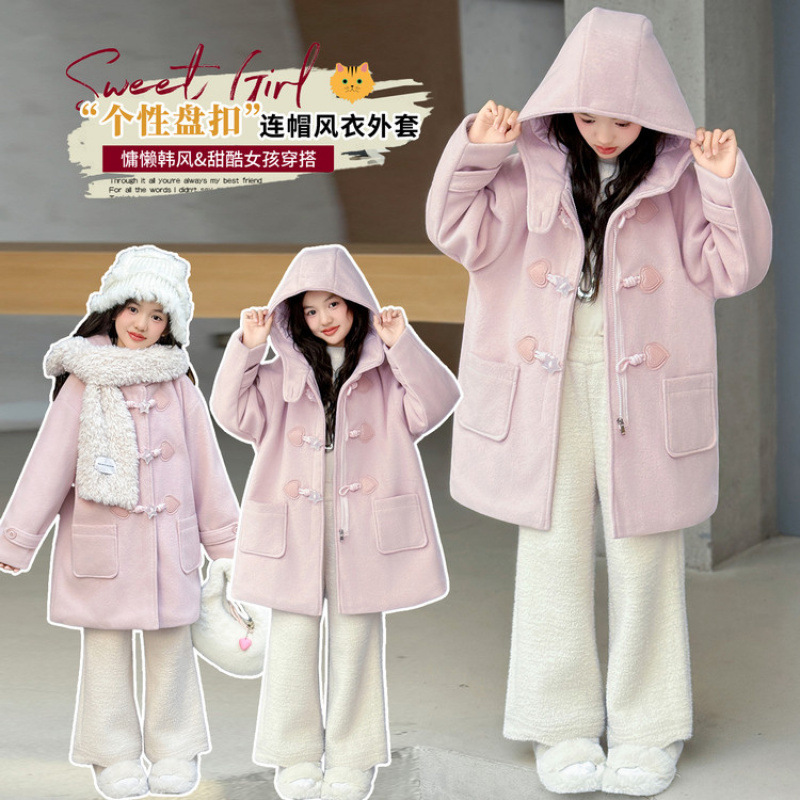Girls Autumn and Winter Jacket 2025 New Children's Girls Winter Thickened Mid-Length Pink Hooded Woolen Coat
