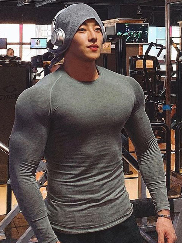 Fitness Long-Sleeved Muscular Men's Tight-Fitting Clothes Brother Shirt Quick-Drying High-Elastic Sports Top Compression Training Solid Color