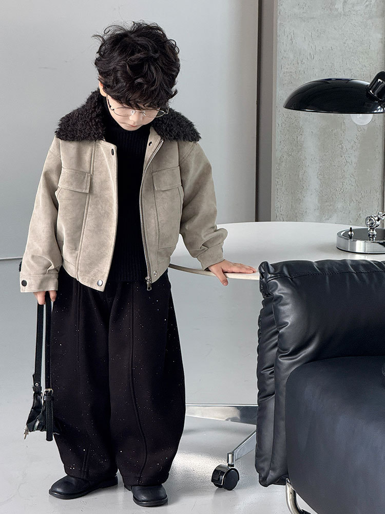 Boys' Baby Coat with Fur Collar, 2025 Autumn and Winter New Style, Fleece-Lined Children's Leather Jacket, Stylish and Trendy, One-Piece Wholesale