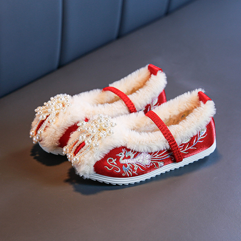 Hanfu shoes winter fleece-lined girls' boots new with horse-faced skirt children's shoes ancient costume national style cotton shoes children's embroidered shoes