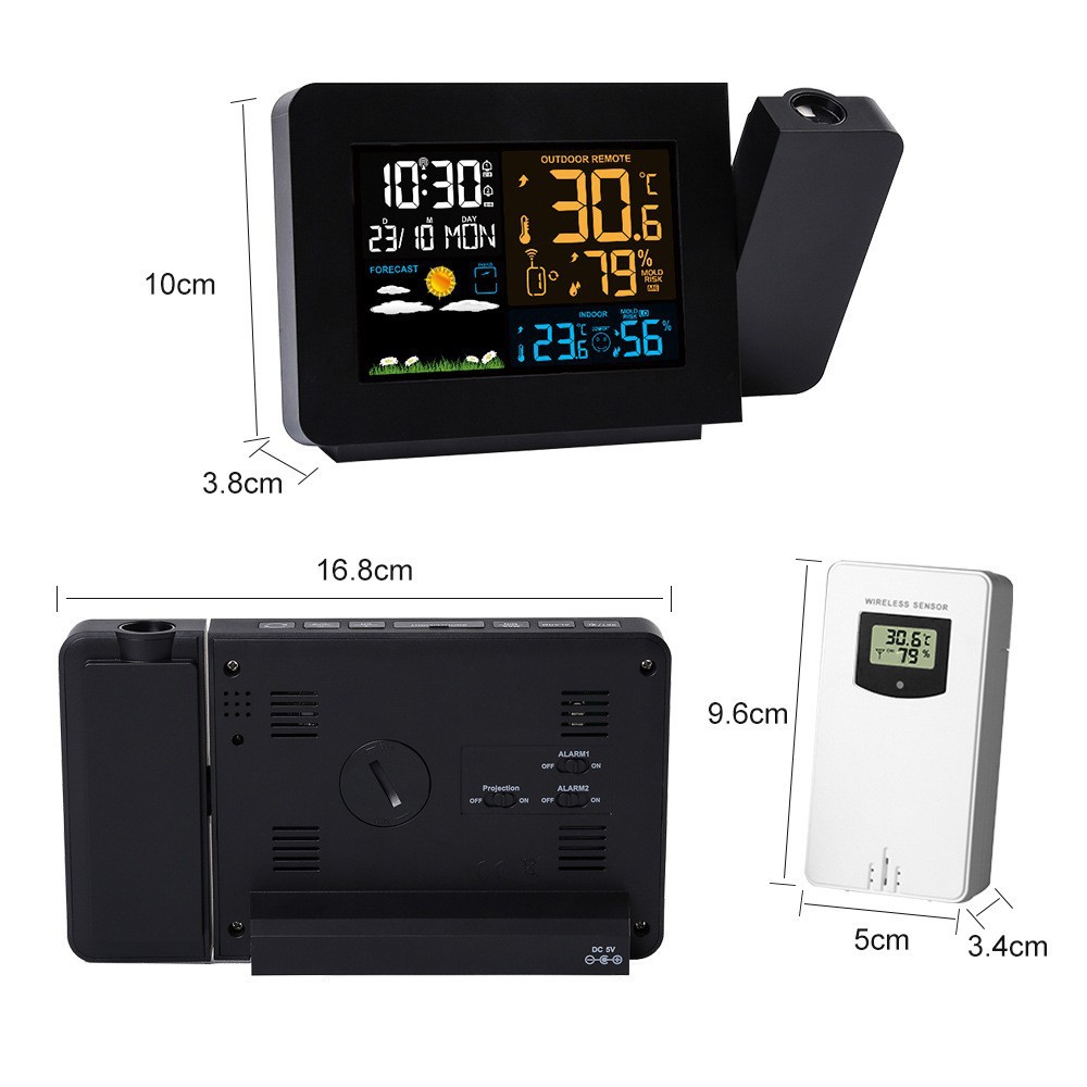 Indoor and Outdoor Temperature and Humidity Meter 3391 Multi-Function Projection Alarm Clock Weather Clock Color Screen Weather Forecast Projection Digital Clock