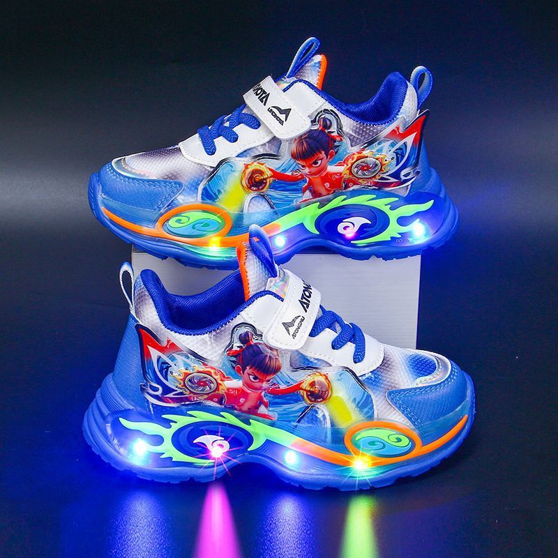 Wholesale Nezha Light-Up Boys' Sneakers 2025 Autumn and Winter New Leather Surface Warm Baby Soft-Soled Children's Running Shoes
