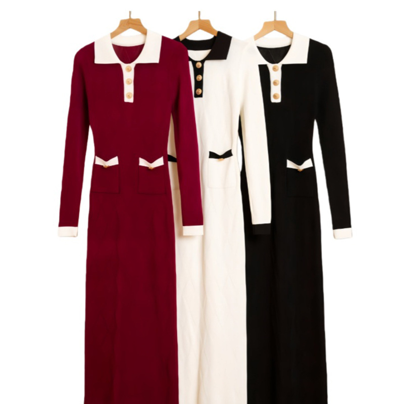 Индивидуальный Кросс-Бордер Зимний Новый Коммутатор Стиль Пиджак Вязаное Платье для Женщин, Длинный Рукав, Простой, Слиммирующий, Элегантный, Універсальный