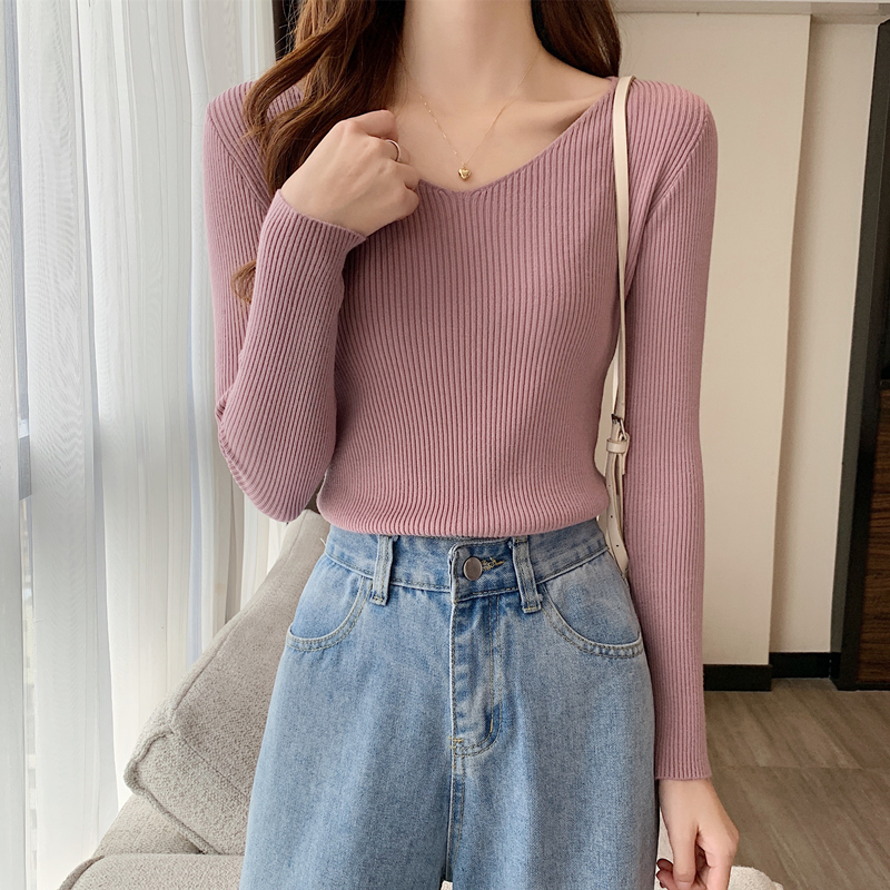 Autumn and Winter New Slim-Fitting V-Neck Long-Sleeved Inner Knitwear Tops Spring & Fall Style Knitwear Women's Bottoming Shirts