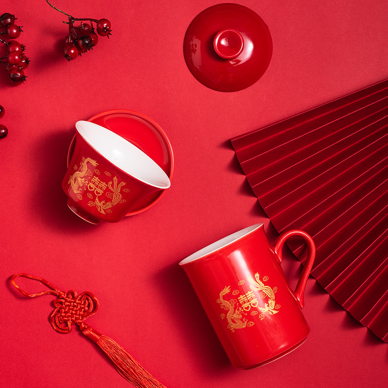 Wedding supplies ceramic double happiness century good fit bowl toast Cup wedding bowl chopsticks festive set wedding gift