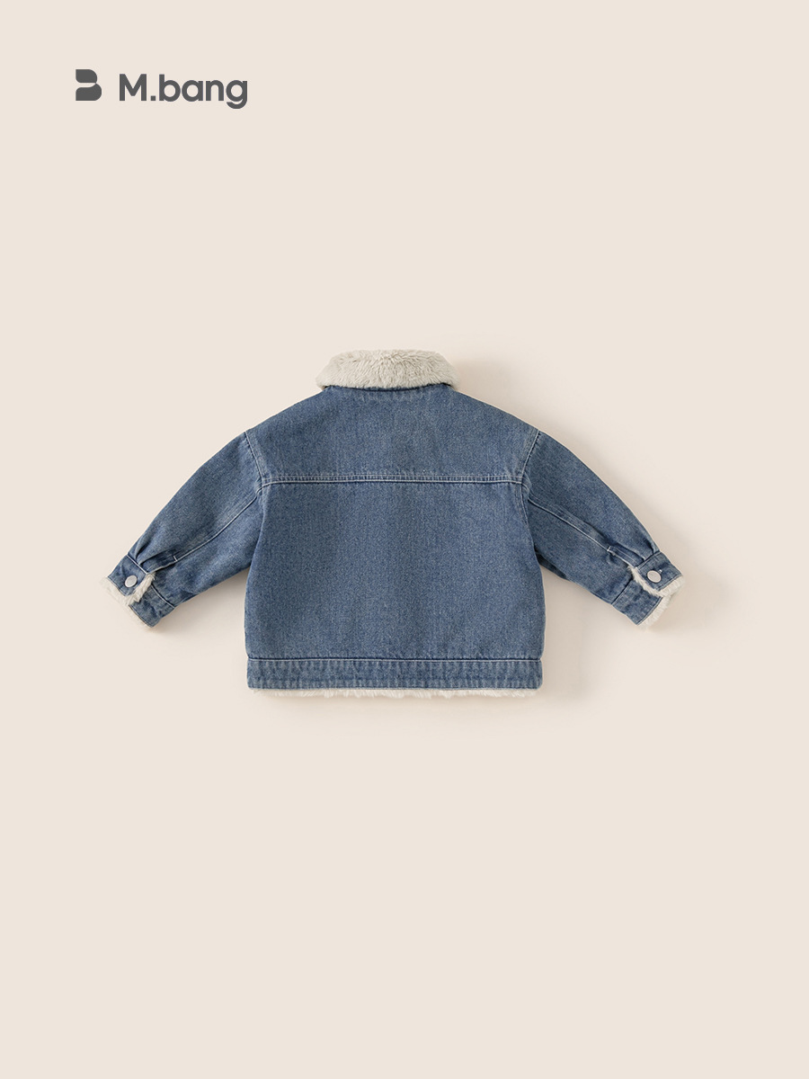 Youbao Children's Clothing Girls' Fleece-Lined Denim Jacket Autumn and Winter New Style Children's Thickened Fur Collar Boys' Jacket Winter Style