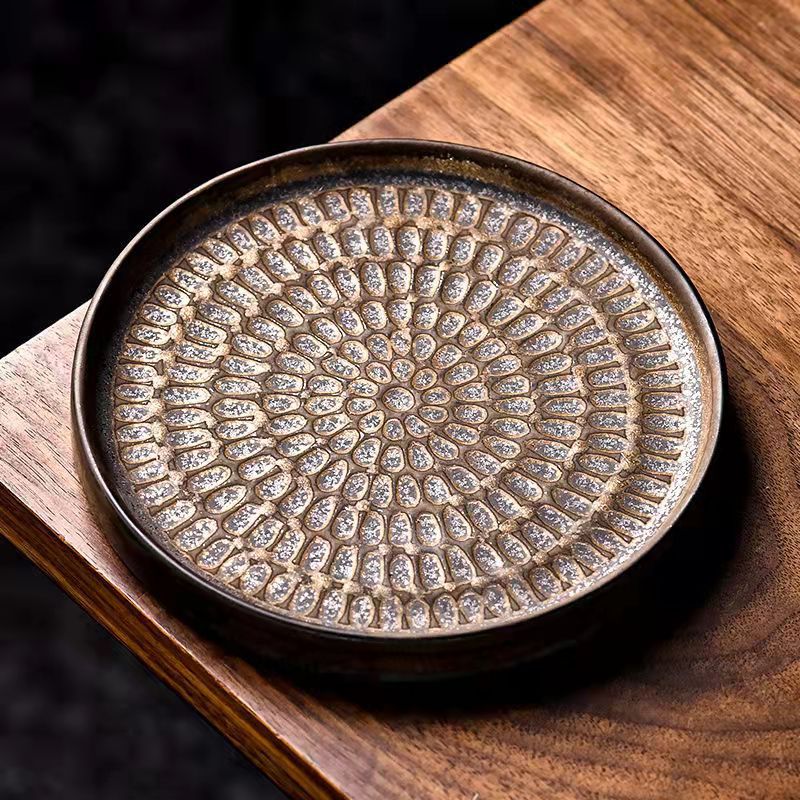 Ретро позолоченная круглая подставка для горшков, поднос для сухих пузырьков, чайный поднос с водоотводом с молоточковым узором, крышка для чайника, чаша, изолированный подкладка для горшка, аксессуары для чайной церемонии