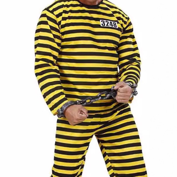 [Three-Piece Set] Halloween Prison Uniform Cos Costume Stripesd Short-Sleeved Pants for Men and Women Loose Niche Hat Set