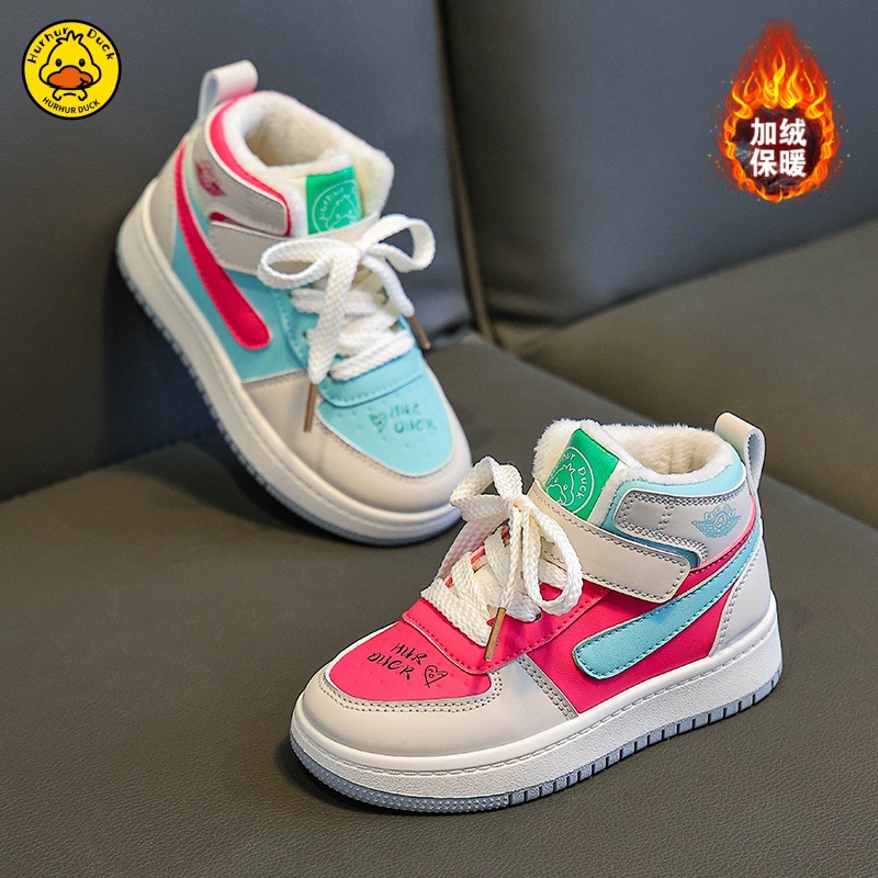 Girls' High-Top Cotton Shoes, Winter Velvet Thickeneded Sports Shoes, Leather Waterproof Student Sneakers, Kidsren's Warm Winter Shoes