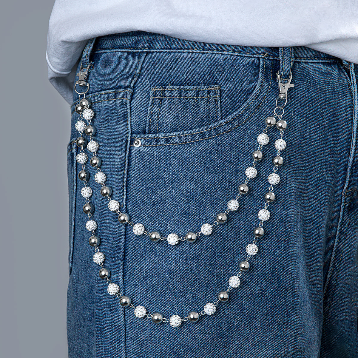 Cross-Border Popular Jewelry Punk Style Abs Imitation Pearl Soft Clay Multi-Layer Jeans Hanging Chain Unisex Waist Chain
