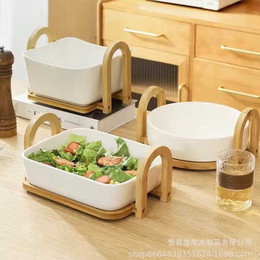 Cross-Border New Hot-Selling Wooden Glass Salad Bowl for Home Garden Farmhouse Living Room Bedroom and Others