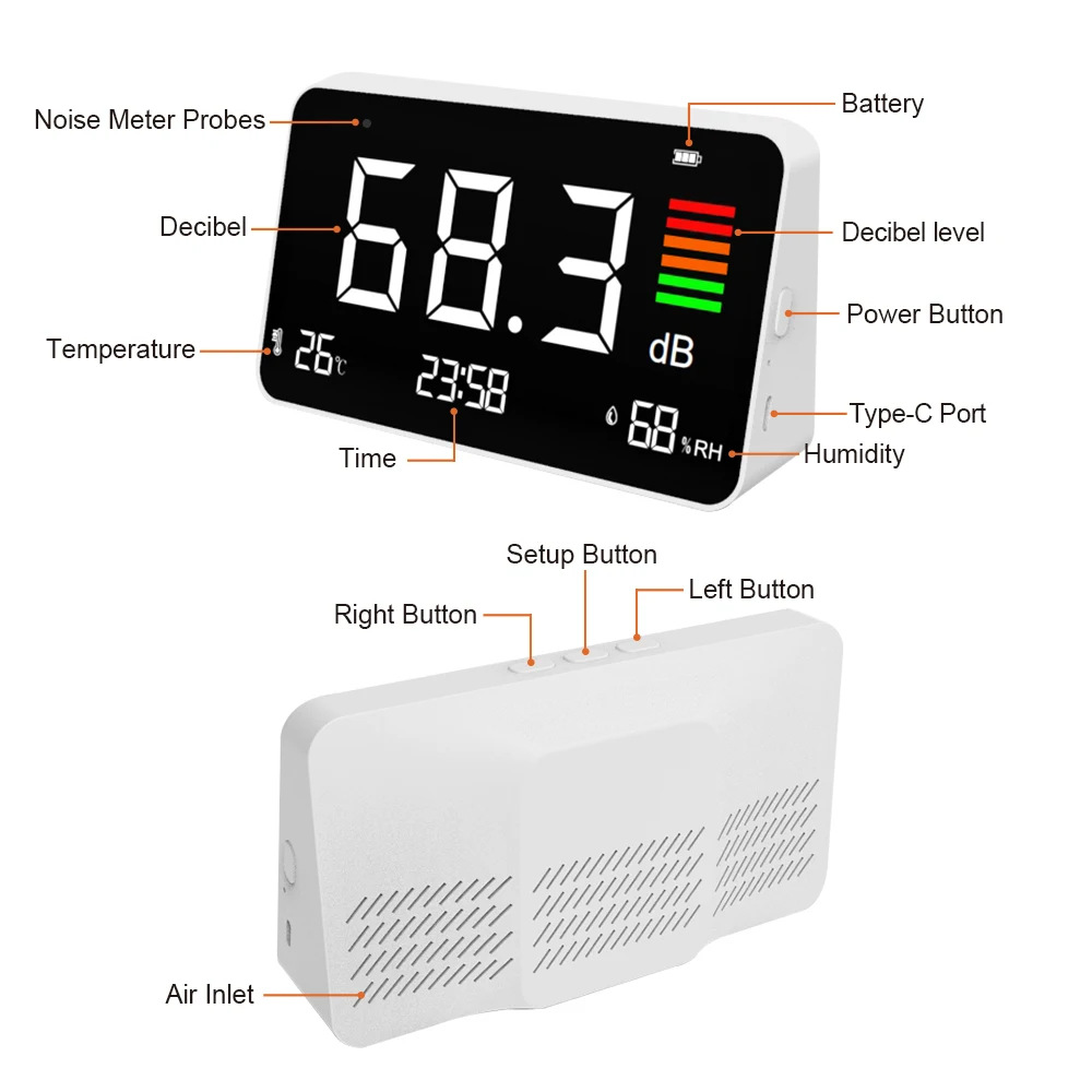 Desktop decibel meter noise meter clock temperature and humidity detection 4 in 1 noise level color display temperature single switch