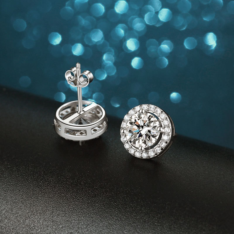 S925 sterling silver luxury round bag moissanite earrings women's high-end simple four-claw color diamond earrings in stock wholesale