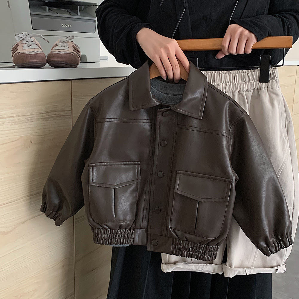 Muye Spring Leather Jacket Huzhou Zhirui Children's Clothing Boys' Korean Style Solid Color Lapel Jacket Baby Versatile Jacket