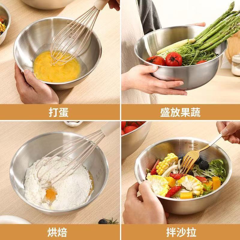 Cross-Border Stainless Steel Salad Bowl, Thickened Household Mixing Bowl with Scale, Kitchen Egg Beating Bowl for Mixing and Baking