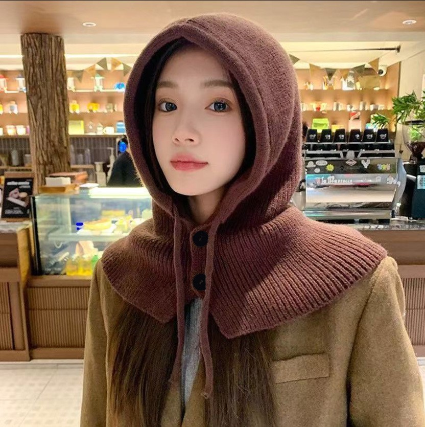 Korean Style Hat and Scarf All-In-One Women's Autumn and Winter Warm Ear Protection Woolen Hat New Style Scarf All-In-One Shawl Knitted Hat