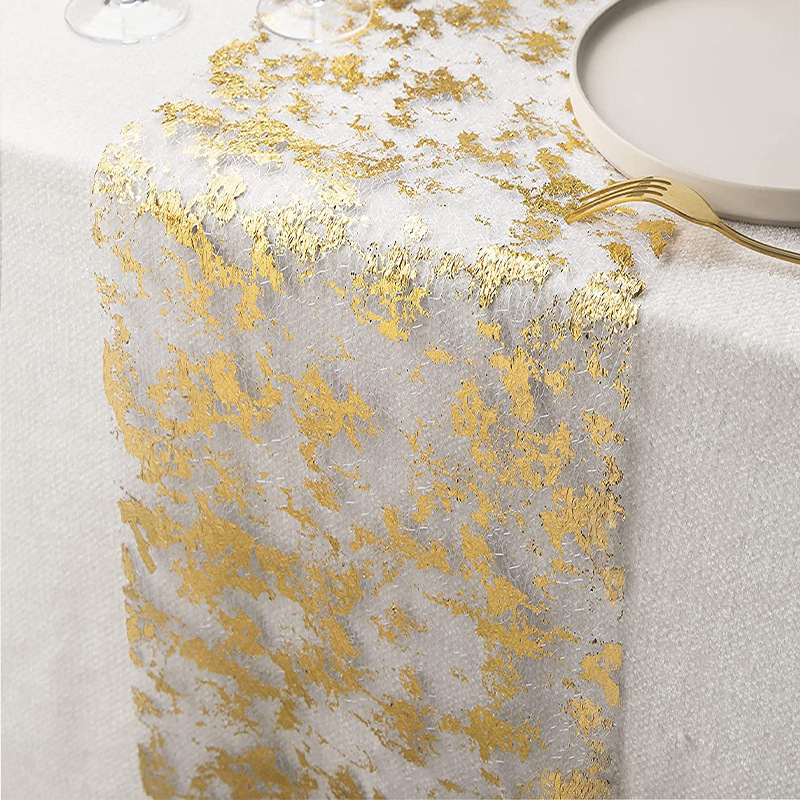 Amazon Cross-border Hot Stamping Foil Mesh Table Runner Holiday Party Wedding Decoration Material Light Luxury Golden Table Runner