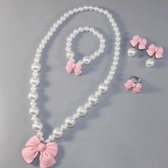 Children's pearl necklace suit big bow ponytail hairpin top clip girls necklace ear clip ring jewelry wholesale