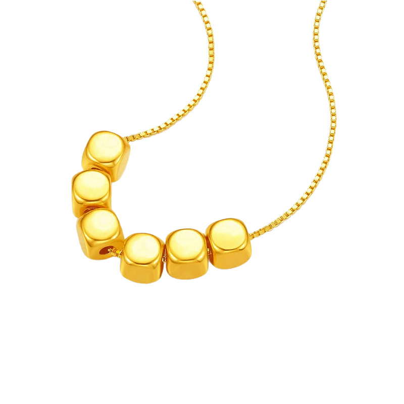 Pure Gold 999 Small Sugar Cube Necklace 3D Hard Gold Small Gold Bead Pendant 24K Gold Square Gold Bead Chain Set