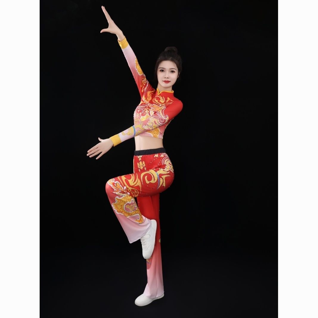 Одежда для аэробики, соревновательная одежда для взрослых, китайский стиль, красный костюм для фитнеса, художественная гимнастика