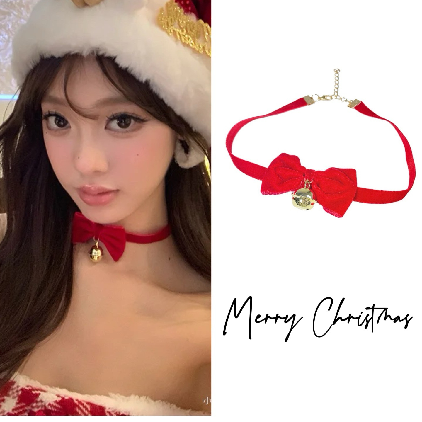 New Year Cute Girl Christmas Plush Necklace Sweet Red Bow Bell Choker Collar Chain