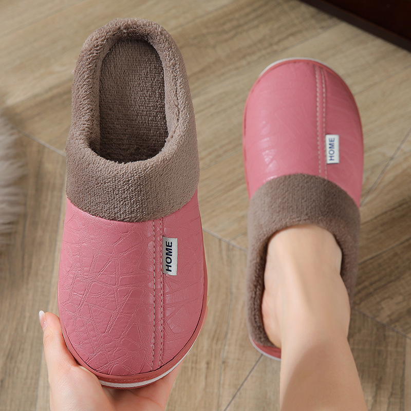 Autumn and Winter Couple Slippers for Women, Non-Slip, Anti-Odor, Indoor and Outdoor Home Fleece-Lined Thick-Soled Confinement Pu Leather Cotton Slippers