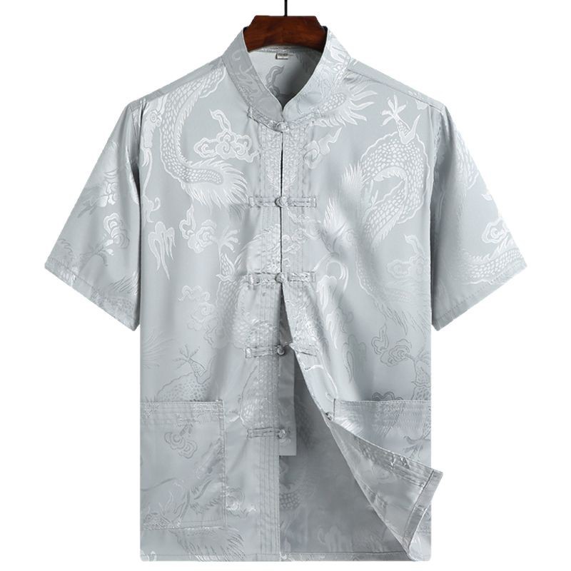 Summer Tang Men's Short-sleeved Top Middle-aged and Elderly Chinese Silk Ethnic Costume plus size Shirt with Buckle for Grandpa